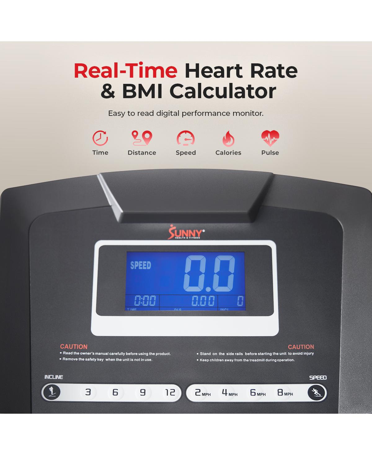 Sunny Health & Fitness PremiumTreadmill with Auto Incline, Dedicated Speed Buttons, Double Deck Technology, Digital Performance Display, Bmi Ca