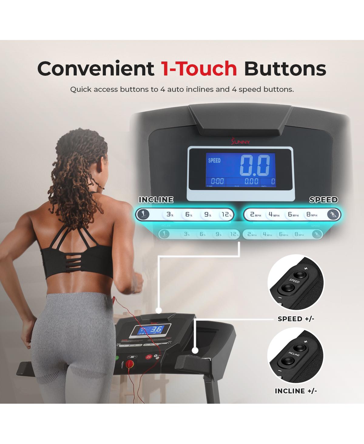 Sunny Health & Fitness PremiumTreadmill with Auto Incline, Dedicated Speed Buttons, Double Deck Technology, Digital Performance Display, Bmi Ca