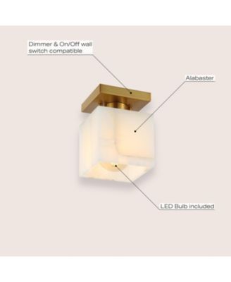 Alessia 5" 1-Light Modern Contemporary Alabaster/Iron Cube LED Semi Flush Mount, White Marbling/Brass Gold