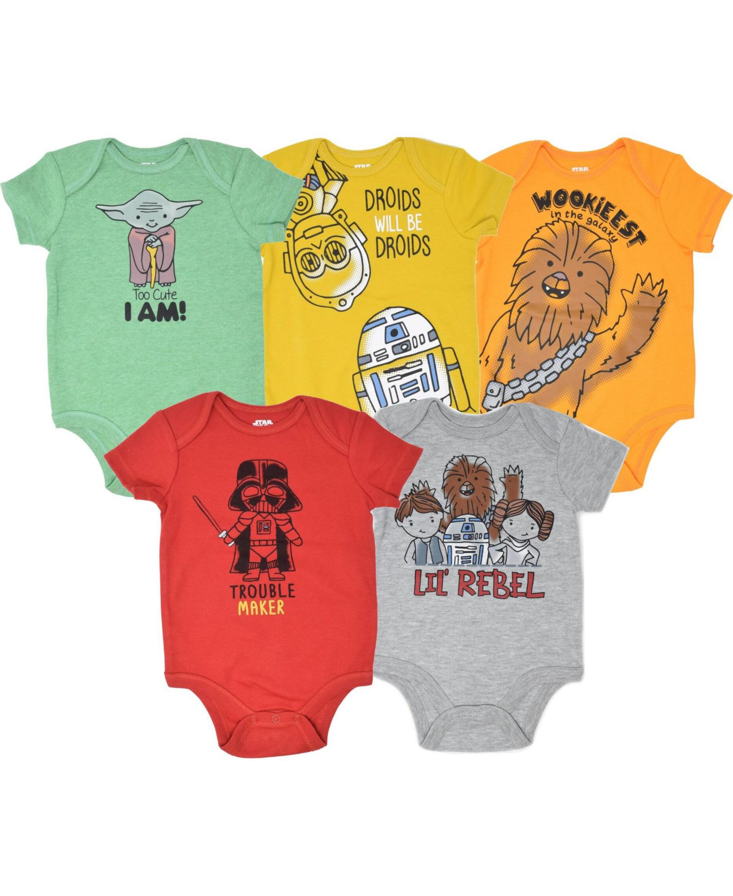 Baby Boys Chewbacca C-3PO R2-D2 Darth Vader Yoda 5 Pack Short Sleeve Bodysuits Newborn to