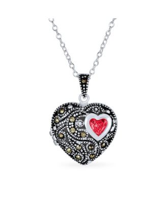 Marcasite Genuine Red Garnet Antiqued Style Filigree Aromatherapy Perfume Diffuser Heart Shape Locket Necklace For Women Rose Gold .925