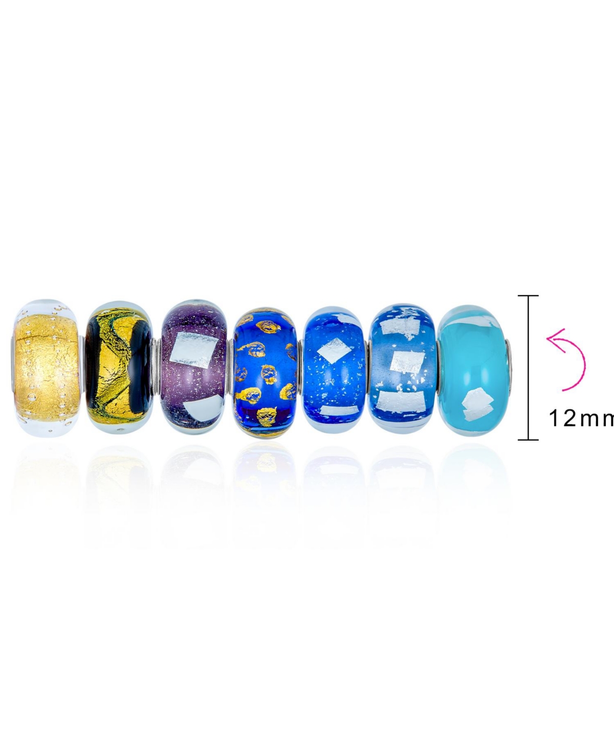 Bling Jewelry Mixed Set Of 7 Bundle Sterling Silver Core Translucent Shades OfYellow Black Silver Gold Metallic Foil Murano Glass Swirl Charm Be