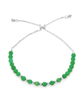 Minimalist Natural Green Jade Seed Bead Bolo Bracelet Adjustable Slide .925 Sterling Silver Rhodium - 6-7 Inch