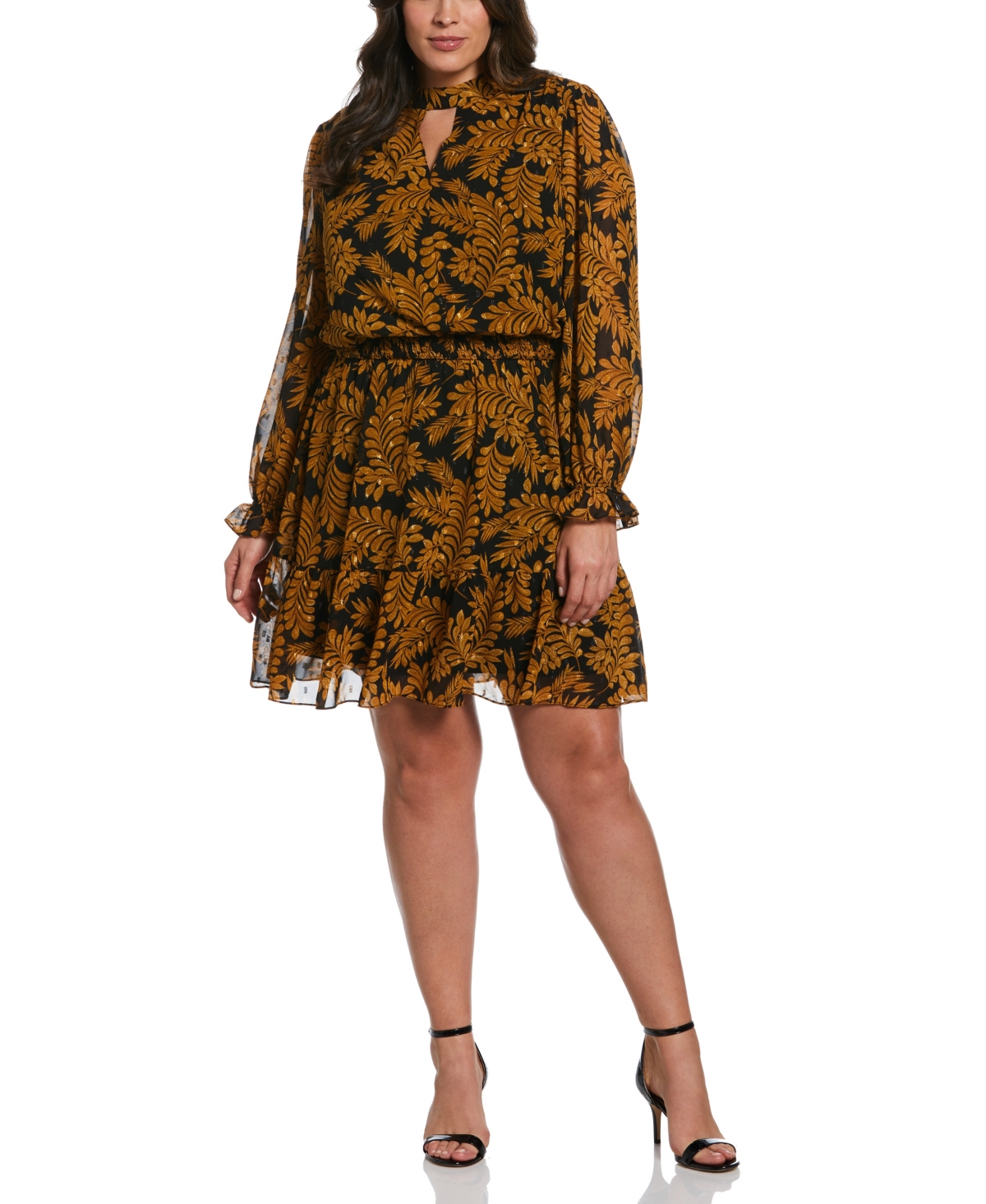 Plus Size Metallic Leaves Print Long Sleeve Dress - Black