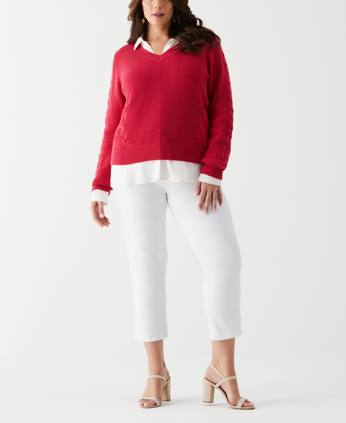 Ella Rafaella Plus Size Cable Knit V-Neck Long Sleeve Sweater