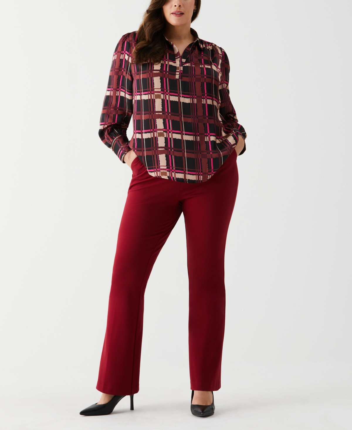Ella Rafaella Plus Size Plaid Shirred Split Neck Long Sleeve Blouse
