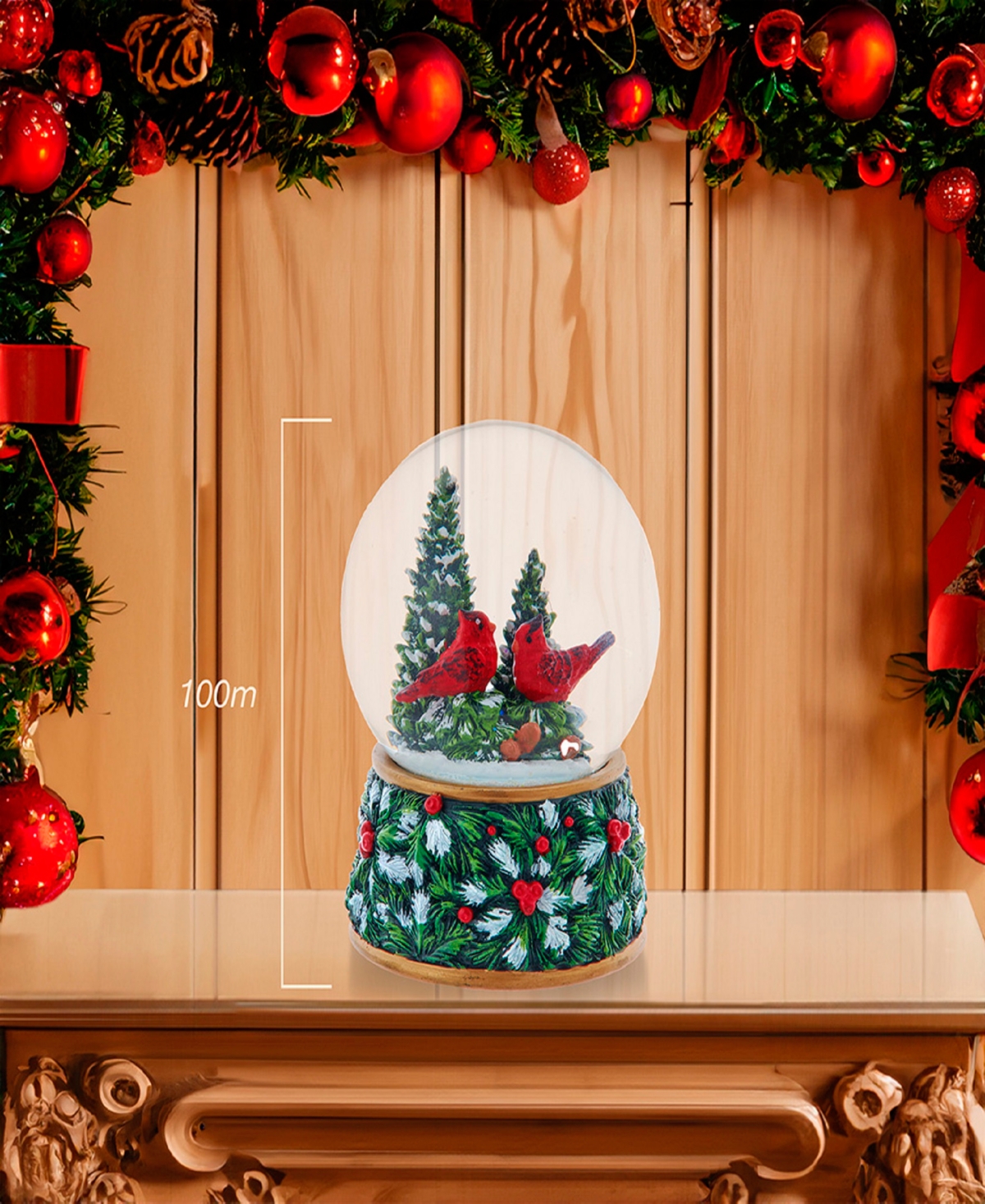 Kurt Adler 100mm Musical Wind-Up Christmas Tree with Cardinals Water Globe