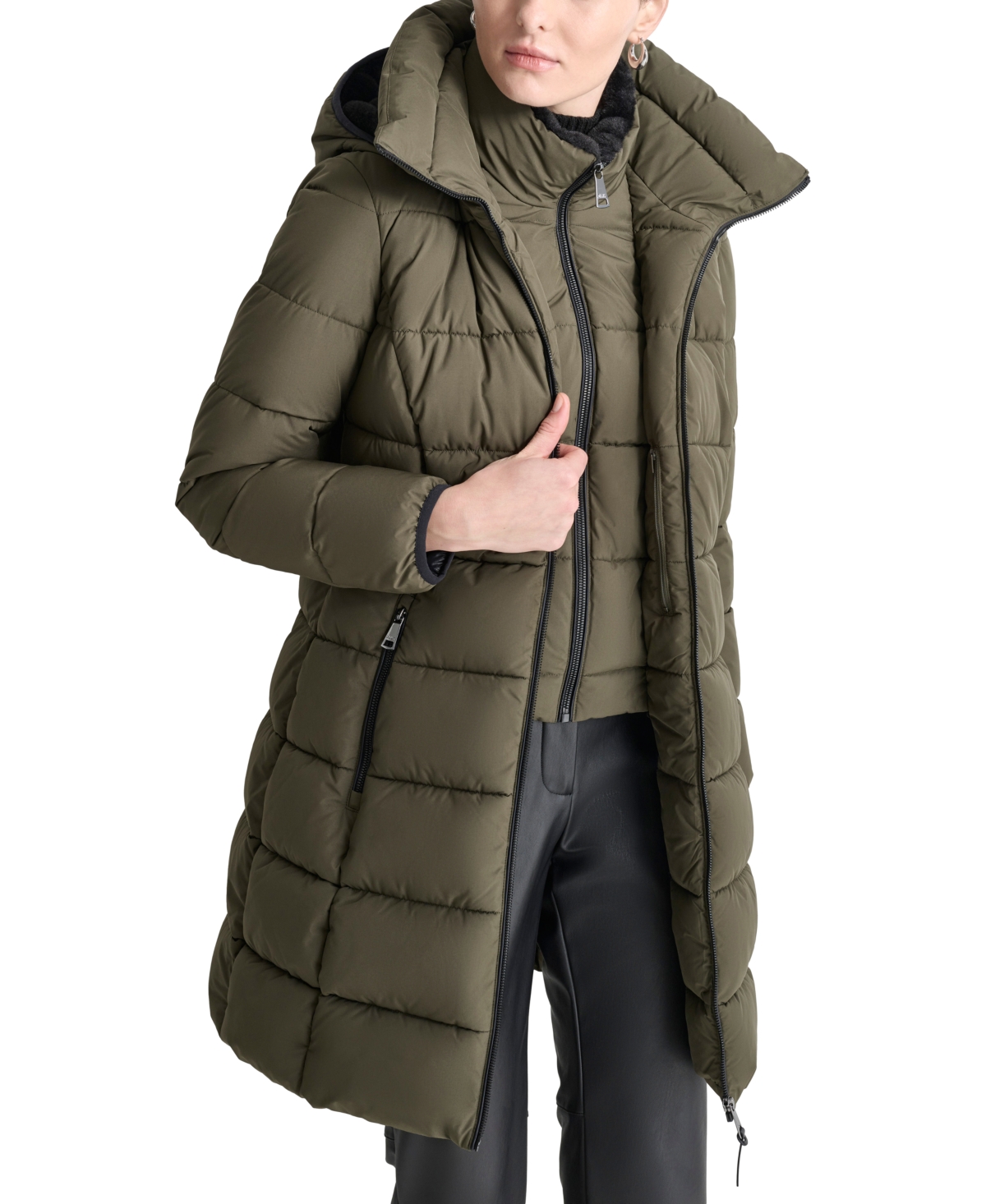 Dkny Women's Bibbed Hooded Zip-front Puffer Coat In Loden