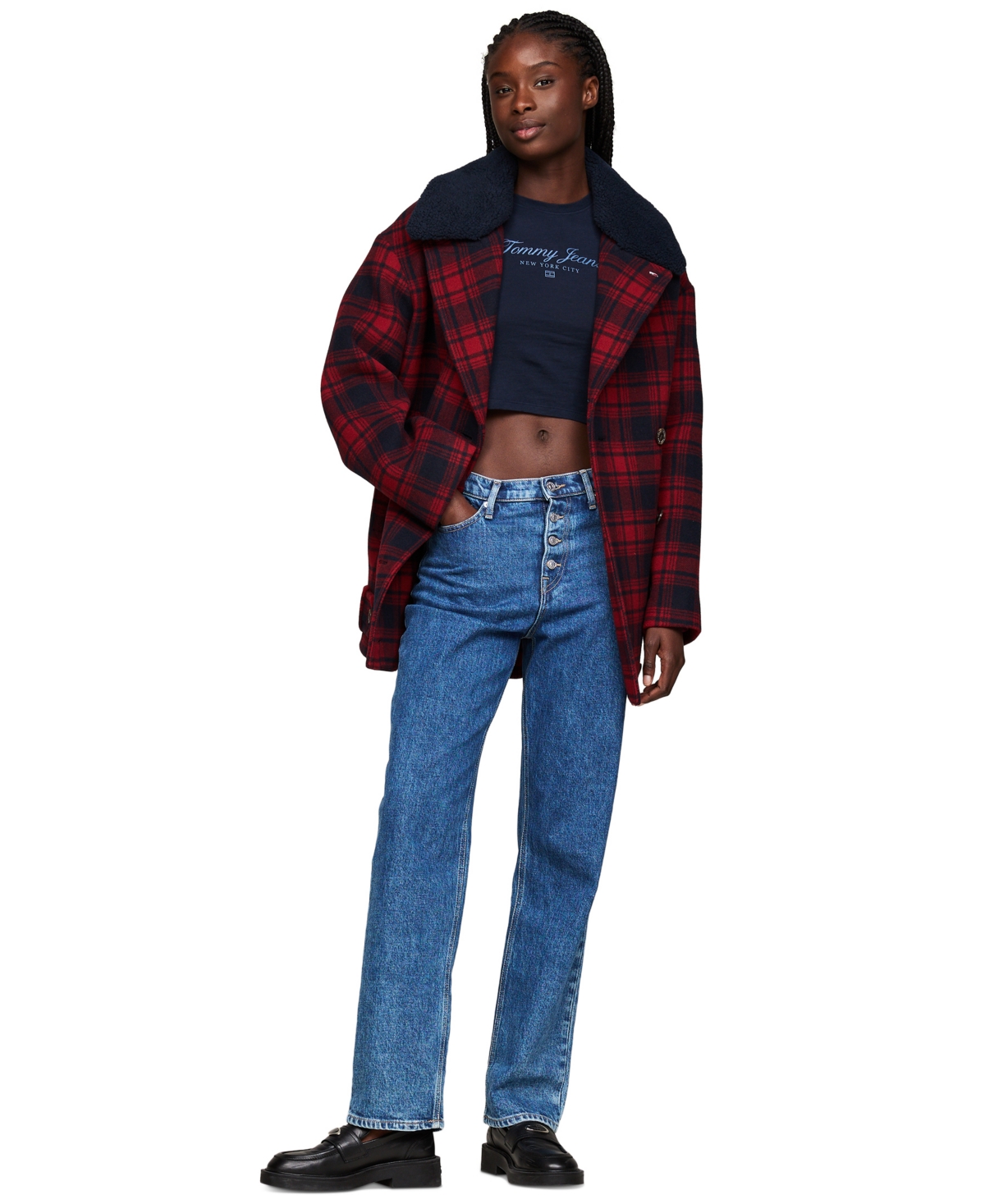 Tommy Jeans Women's Checkered Teddy-Collar Peacoat