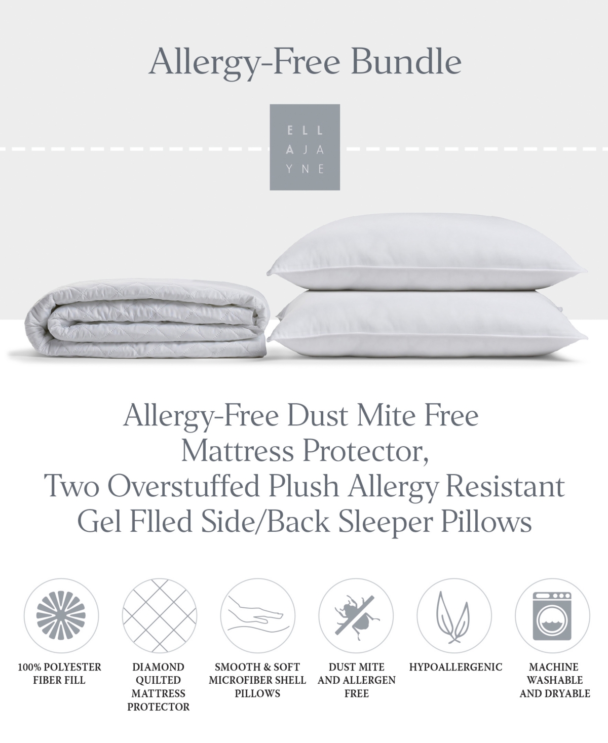 Ella Jayne Allergy Free Bundle, Overstuffed Plush Filled Side Back Sleeper Pillow and Dust Mite Free Mattress Protector