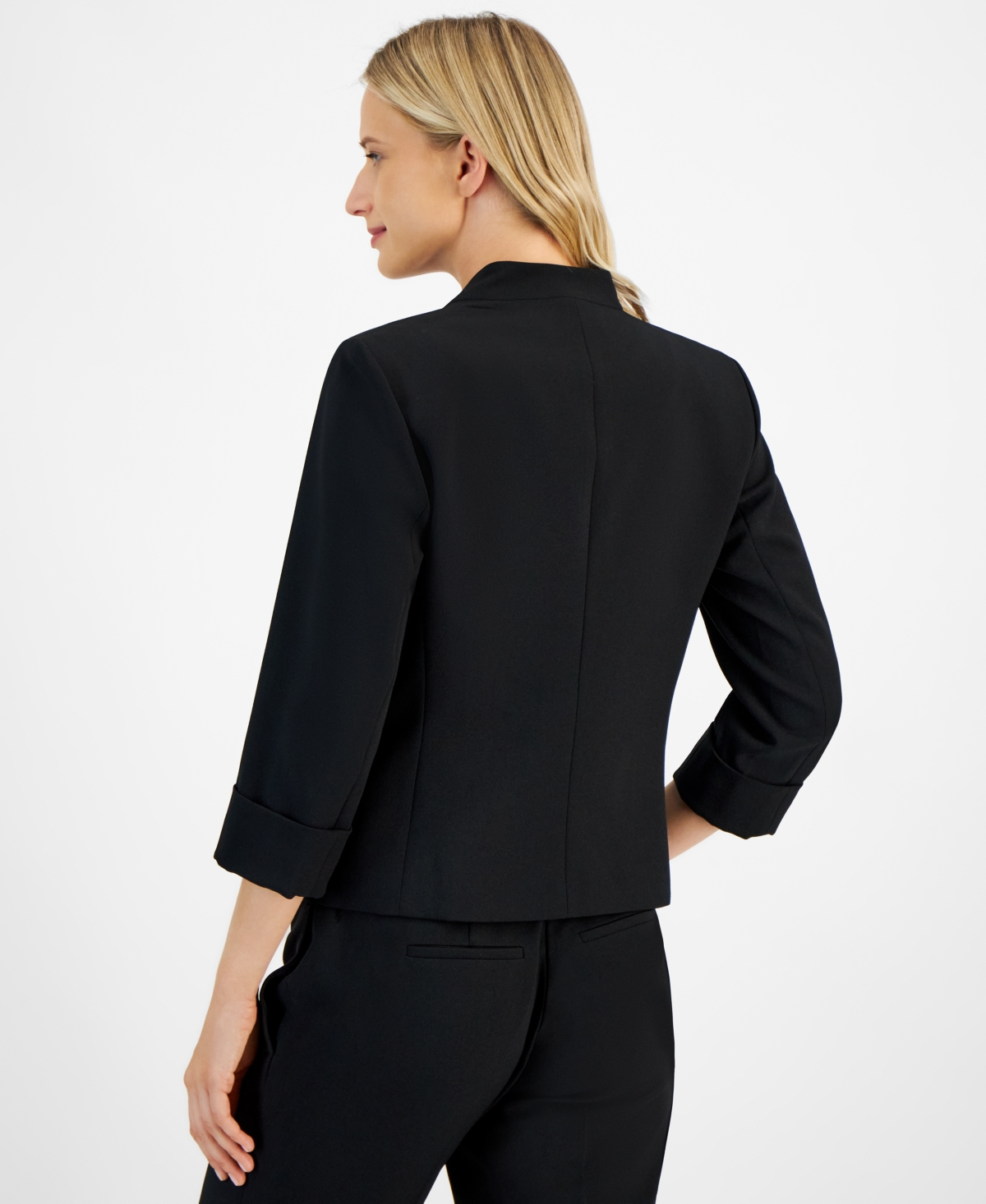 Kasper Petite Stretch-crepe Zipper-pocket Open-front Cuffed Blazer In Black