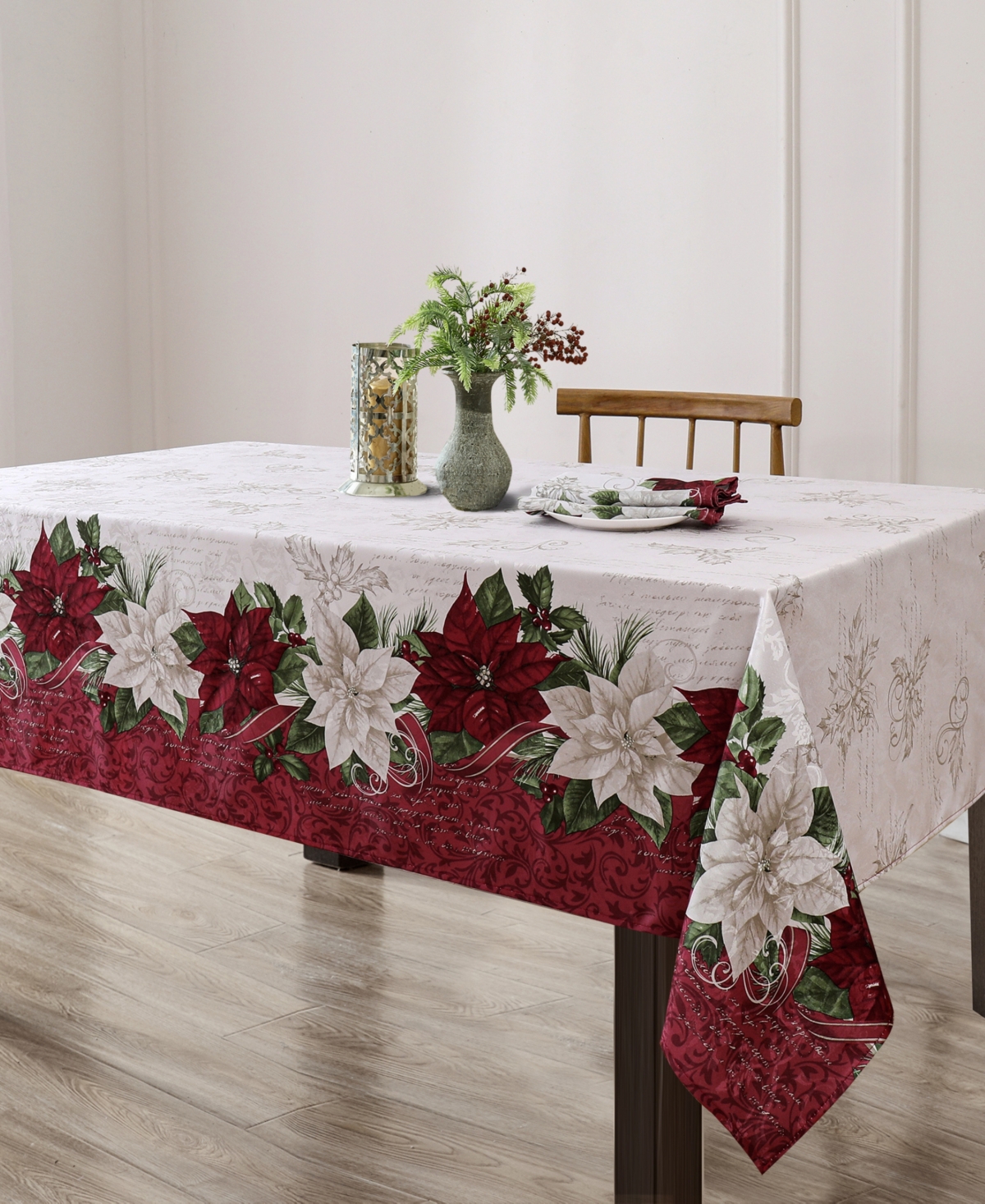 Elrene Clarette Poinsettia Holiday Fabric Rectangle Tablecloth, 120"x 60" In Rose