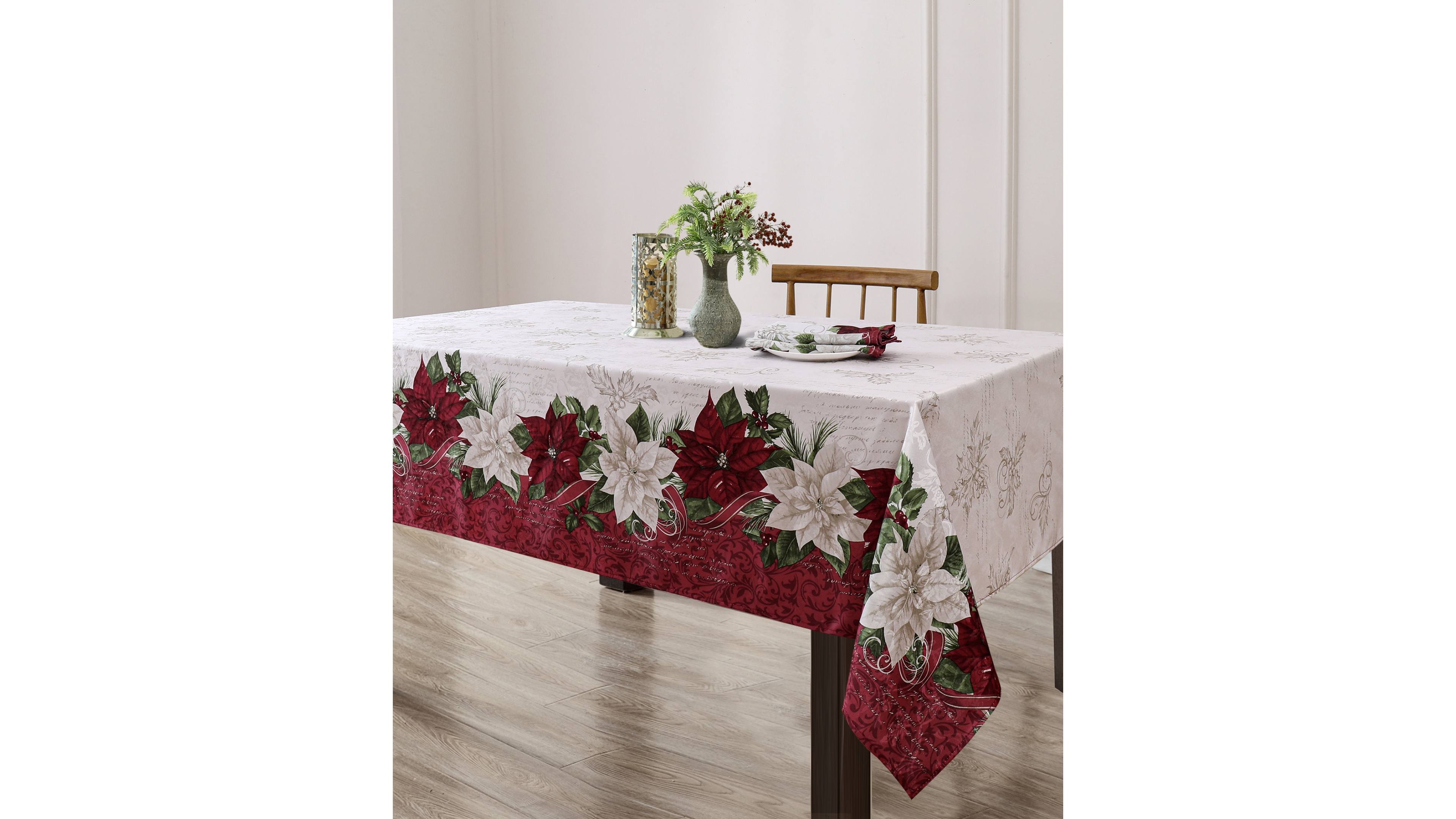 Elrene Clarette Poinsettia Holiday Fabric Rectangle Tablecloth, 120"x 60"