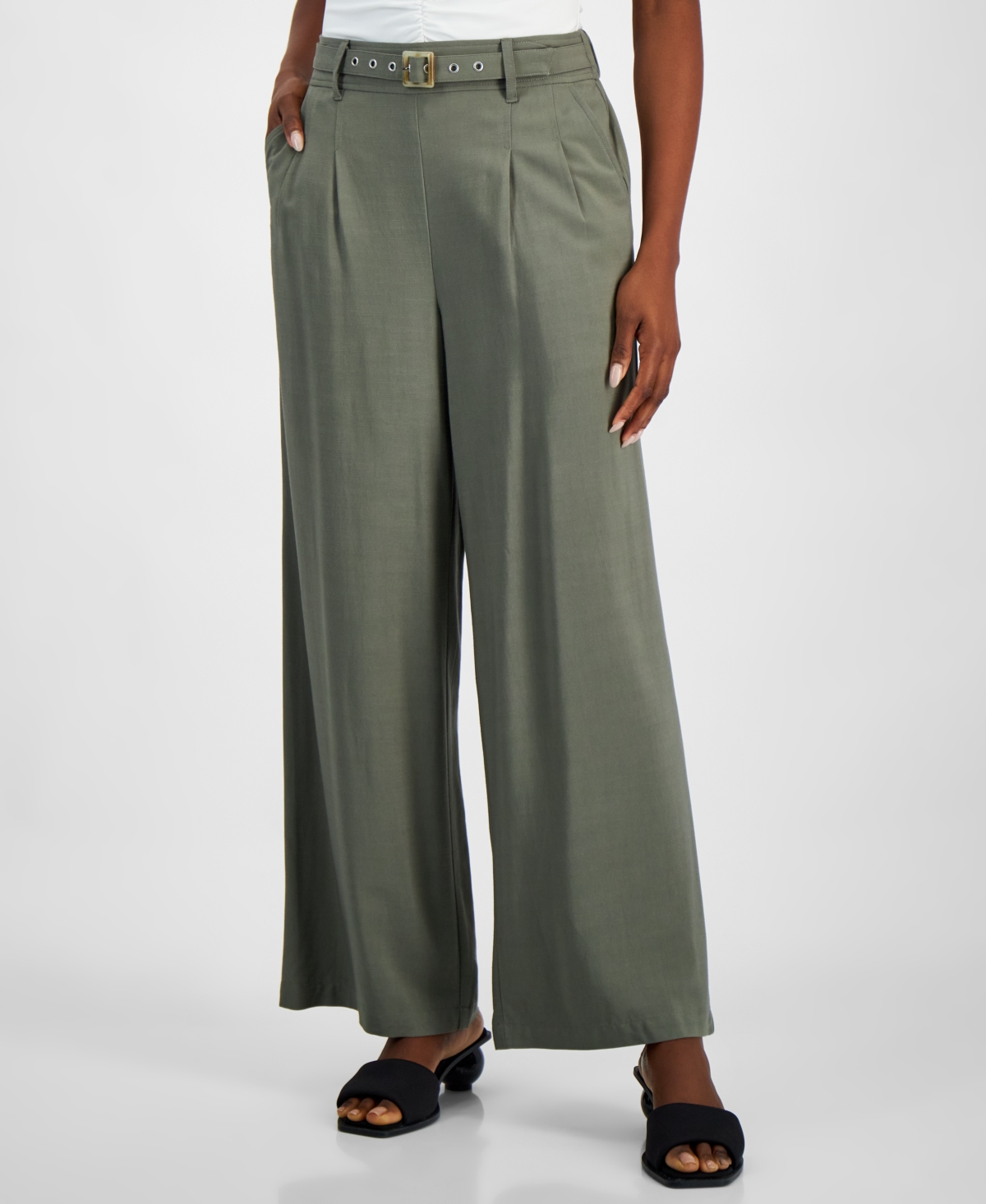 Women's Belted High-Rise Wide-Leg Pants, Exclusively at Macy's - Latte Cafe