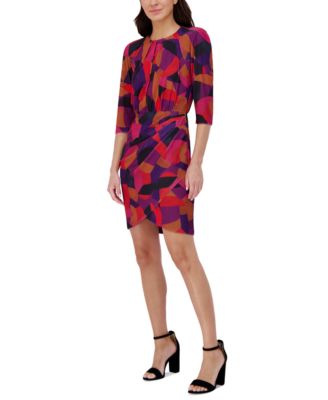 Vince Camuto Petite Printed Pleat-Neck 3/4-Sleeve Dress - Macy's