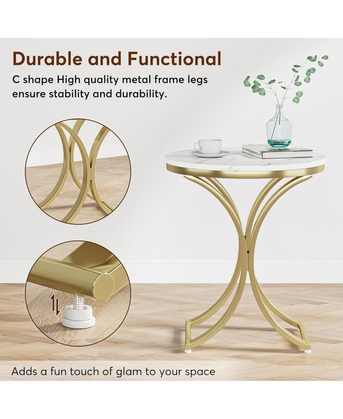 Tribesigns Set of 2 Round Sofa Side Table, Marble White and Gold End Table, Contemporary Marble Side Table - White and gold