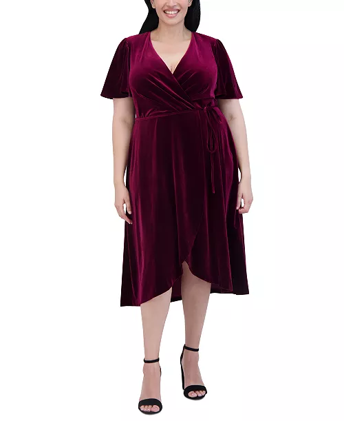 plus size velvet faux-wrap midi dress