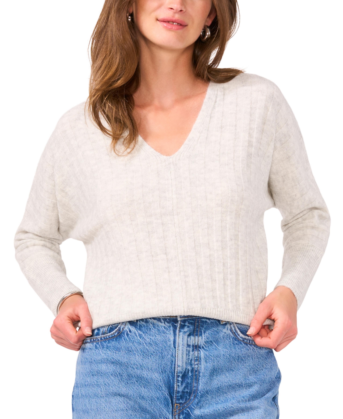 Women's Ribbed V-Neck Dolman-Sleeve Sweater - Silver Heather