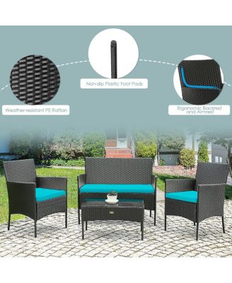 4 Pieces Patio Rattan Cushioned Sofa Set with Tempered Glass Coffee Table-Turquoise