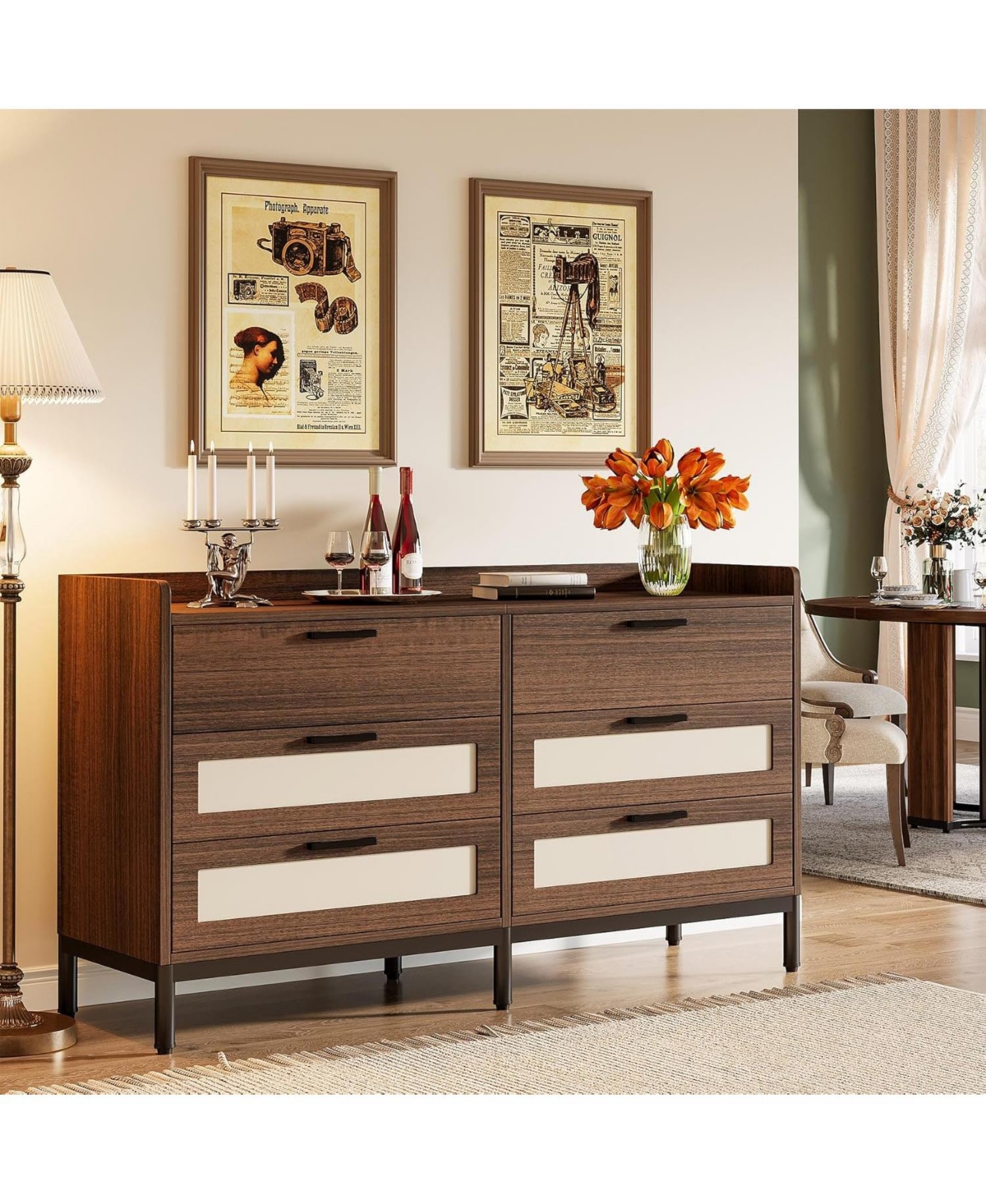 Tribesigns 6-Drawer Dresser for Bedroom, Mid-Century Rustic Chest of Drawers, Wide Wood Storage Long Double Dresser Organizer for Nursery Bedroom