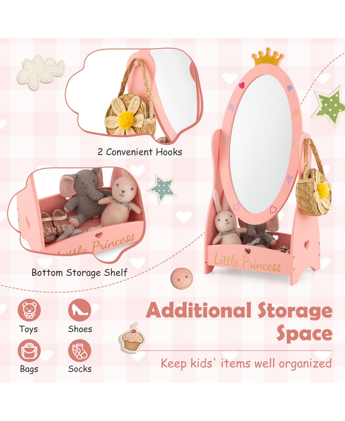 Costway Kids Full Length Mirror Free-Standing 360° Dressing Wooden Princess