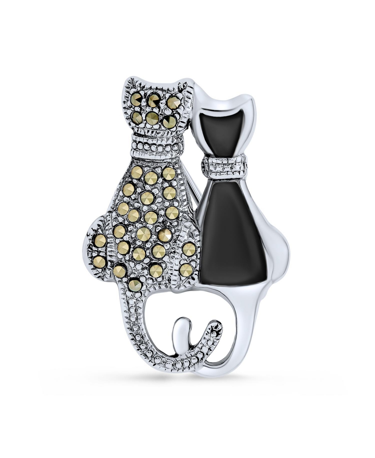 Black And White Marcasite Two Cute Sitting Cat Kitten Kitty Brooch Pin For Women .925 Sterling Silver Black Onyx - Black