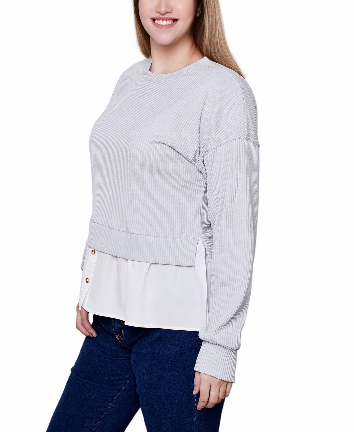 Женский топ NY Collection Petite Long Sleeve Two-Fer with Gathered Inset, цвет: Меланжевый серый — фото 3