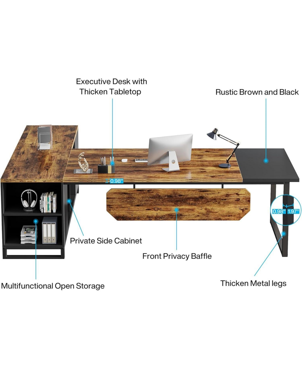 Tribesigns Shaped Executive Desk with File Cabinet and Storage Shelves - Rustic brown  black