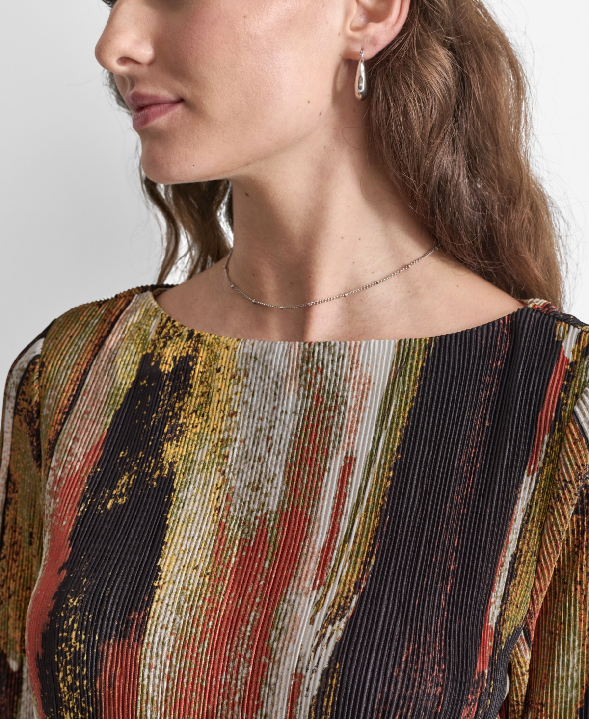 Dkny Women's Printed Crewneck Long-Sleeve Plisse Top