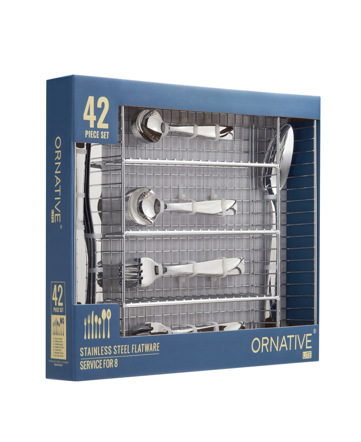 Ornative Rhoda Mirror Service For 8 42 Piece Flatware Set With Wire Caddy In Silver