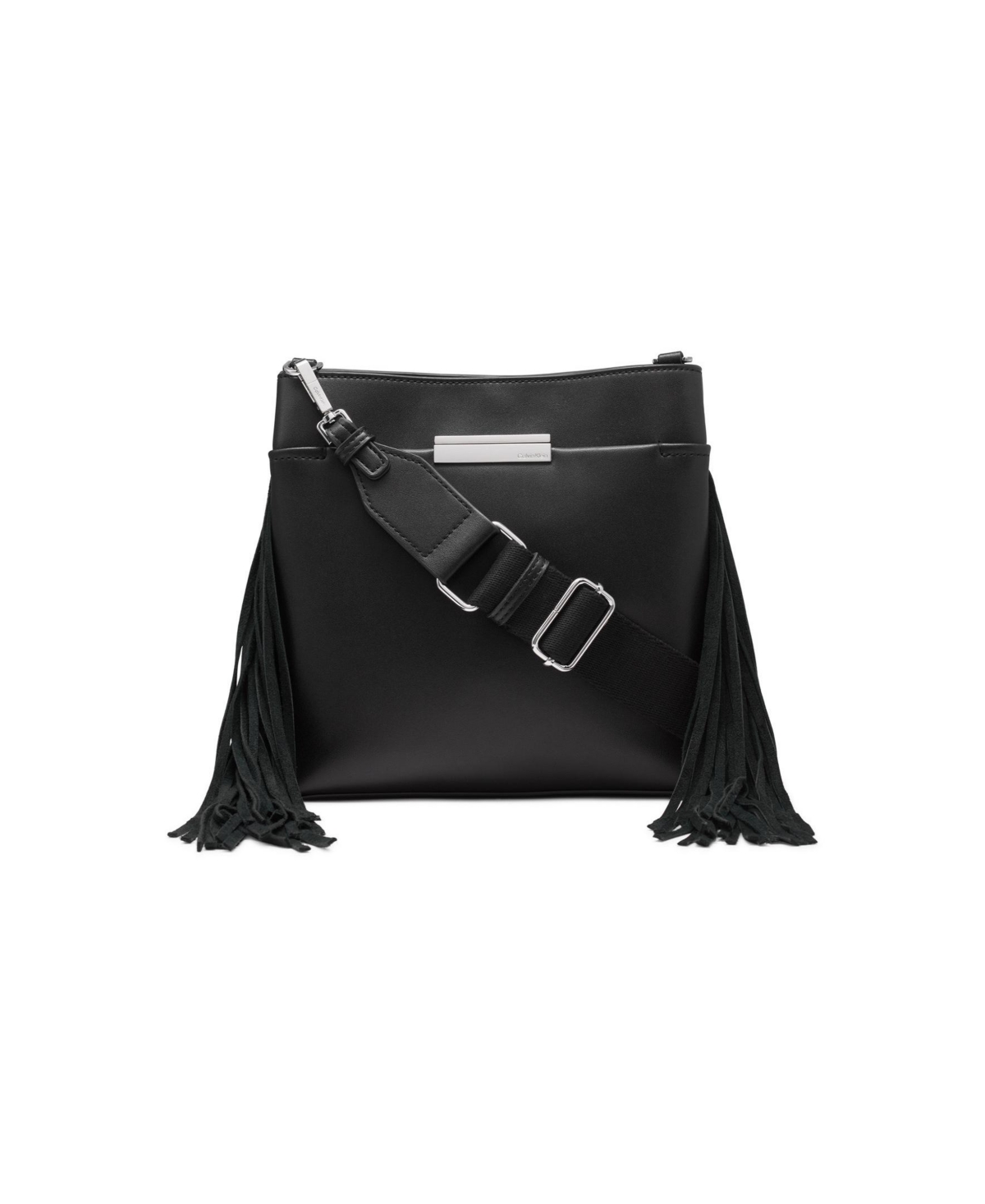 Calvin Klein Soma Adjustable Fringe Crossbody In Black,silver