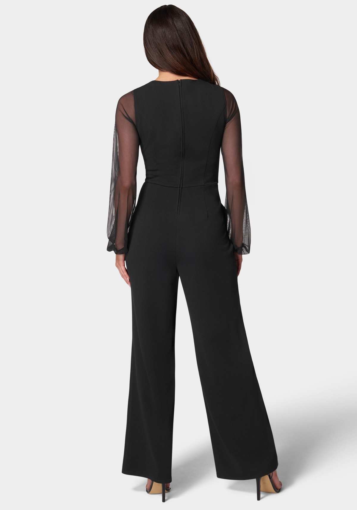Bebe Women's V-Neck Jumpsuit with Powermesh Sleeve