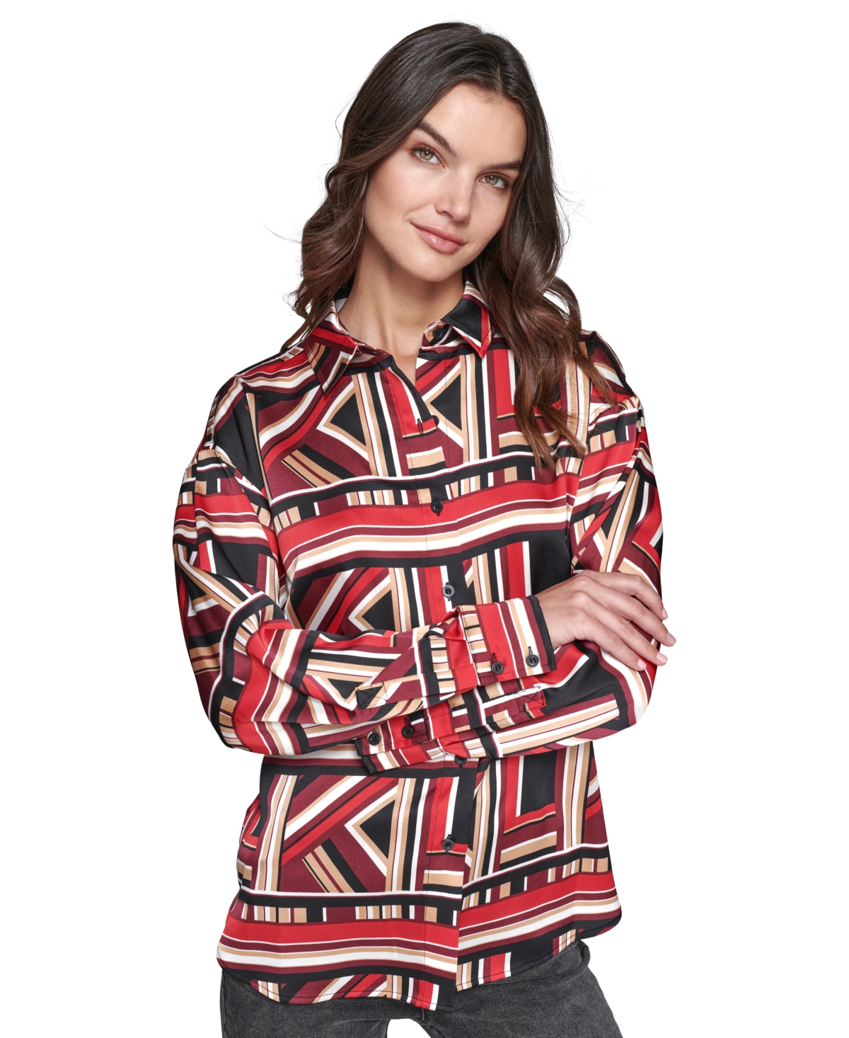 Karl Lagerfeld Paris Women's Oversized Geo-Printed Satin Button-Front Top - Black  Admiral Red