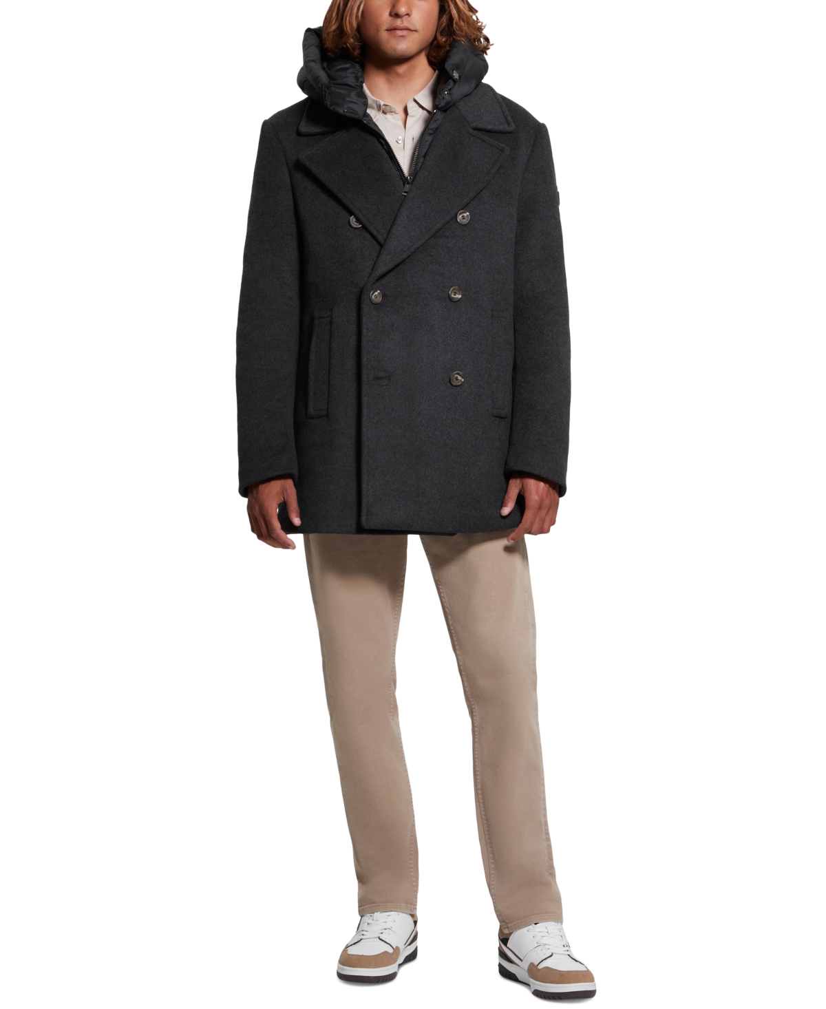 GUESS MEN'S PEACOAT WITH REMOVABLE NYLON HOODED INSET 