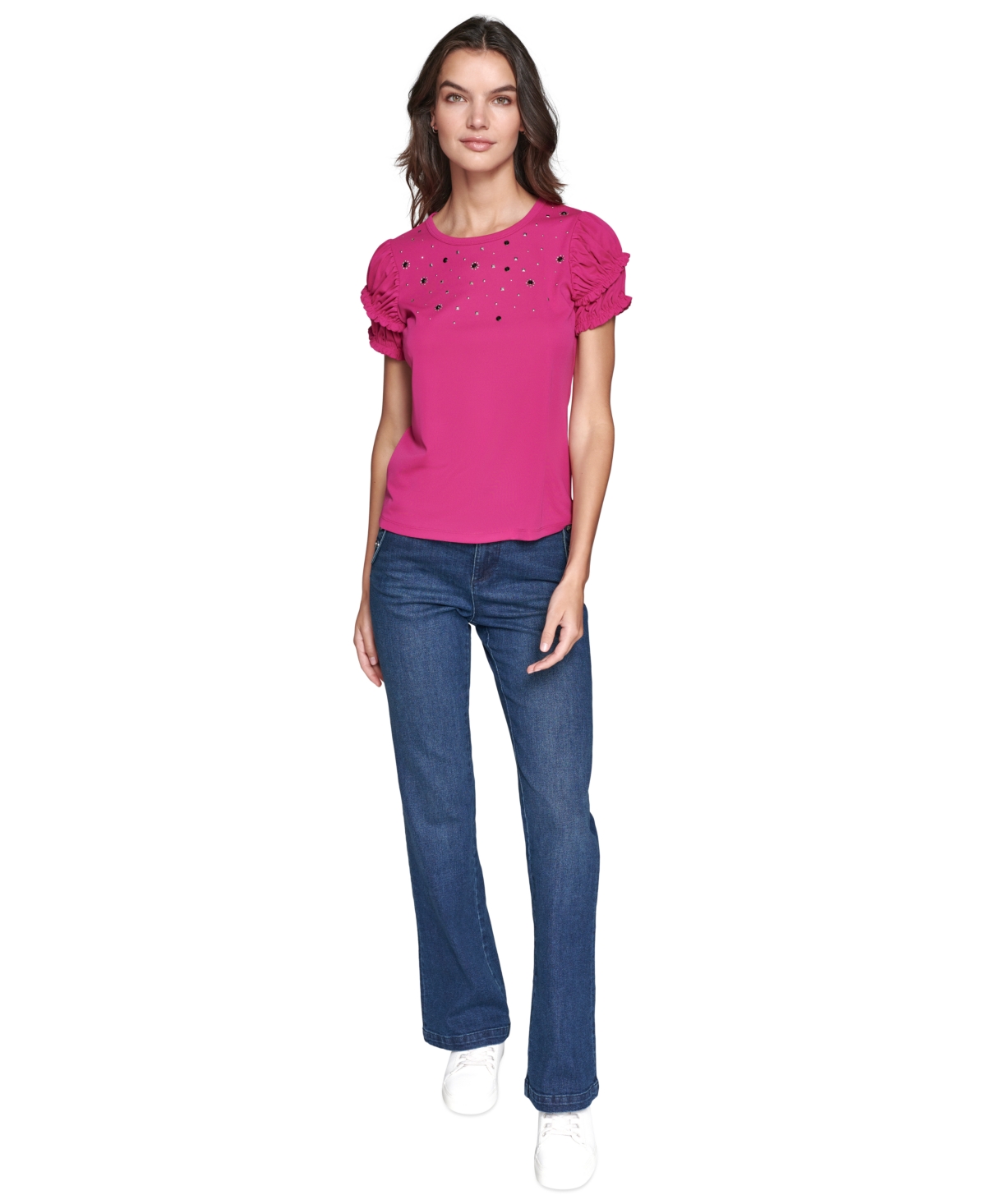 Karl Lagerfeld Paris Petite Embellished Puff-Sleeve Top