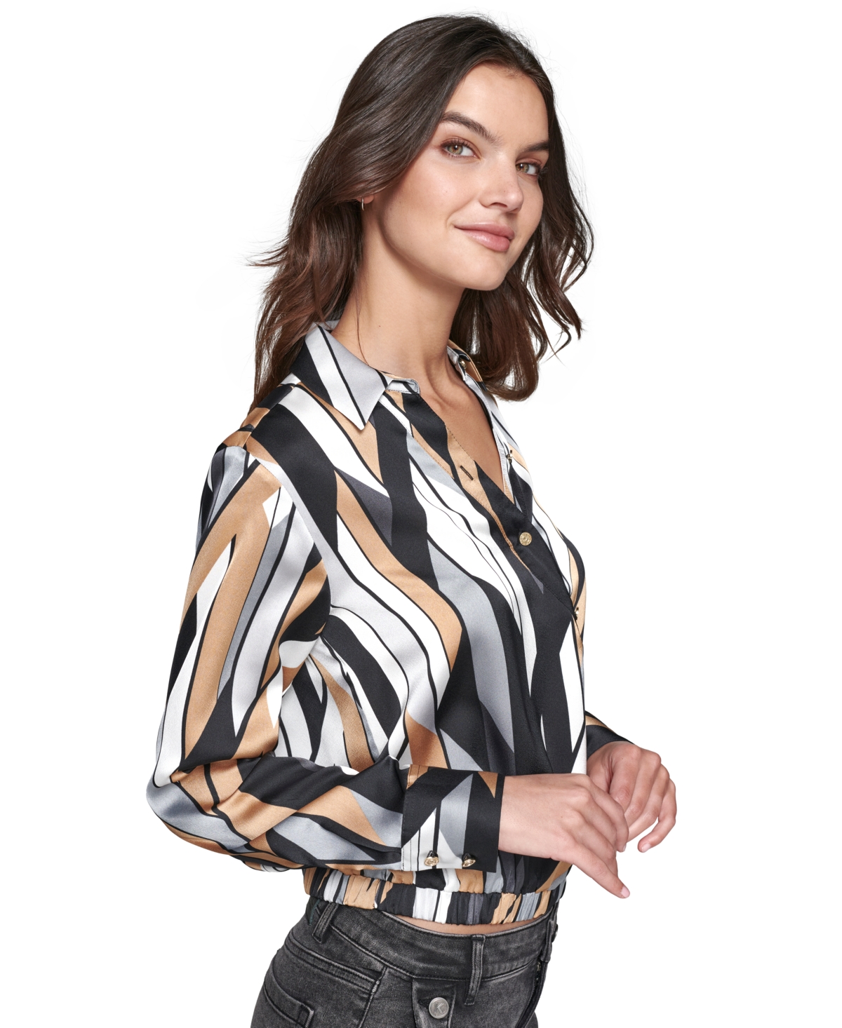 Karl Lagerfeld Paris Women's Geo-Printed Faux-Wrap Satin Top - Black  Silver