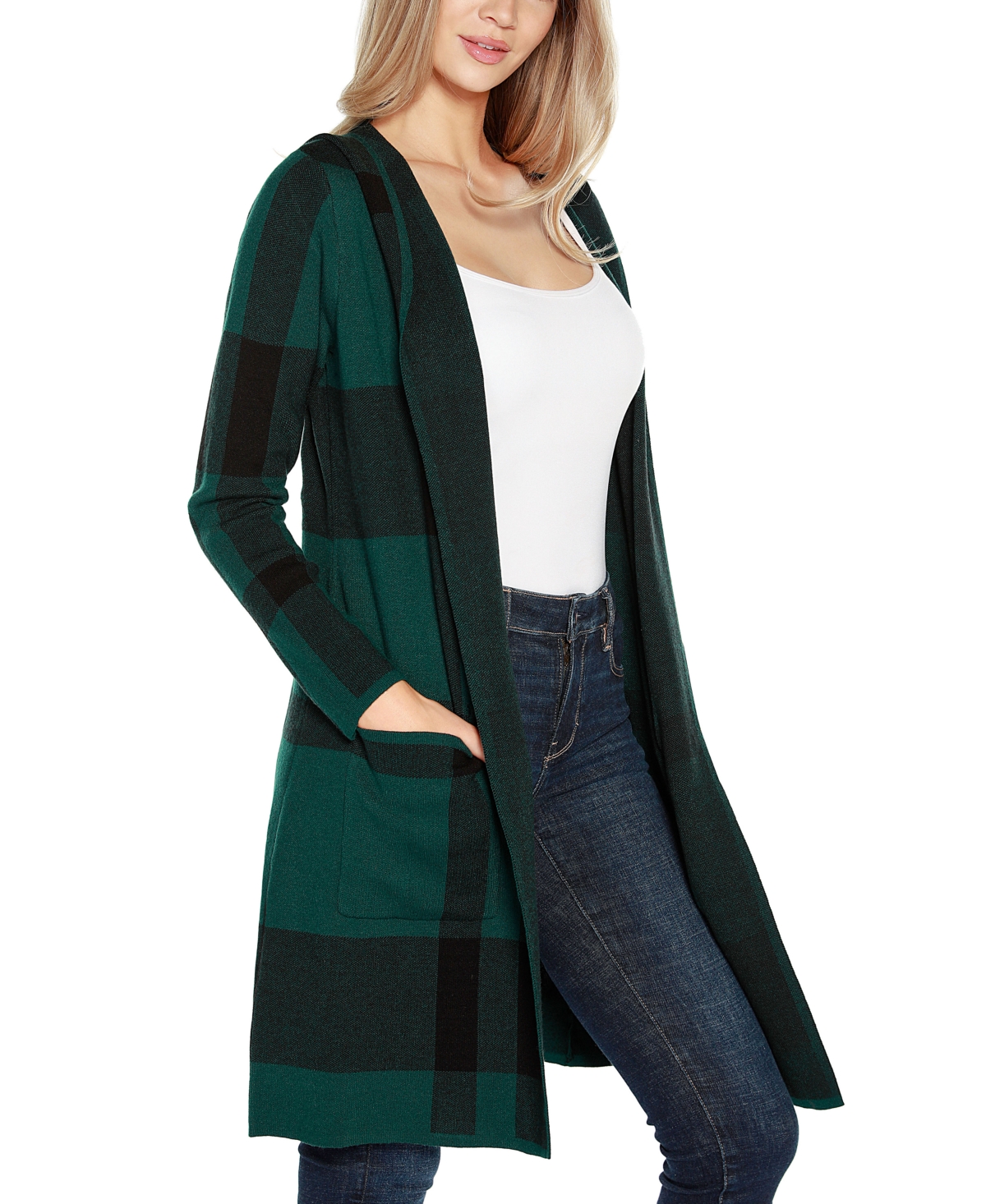 Belldini Women's Hooded Plaid Coatigan Sweater