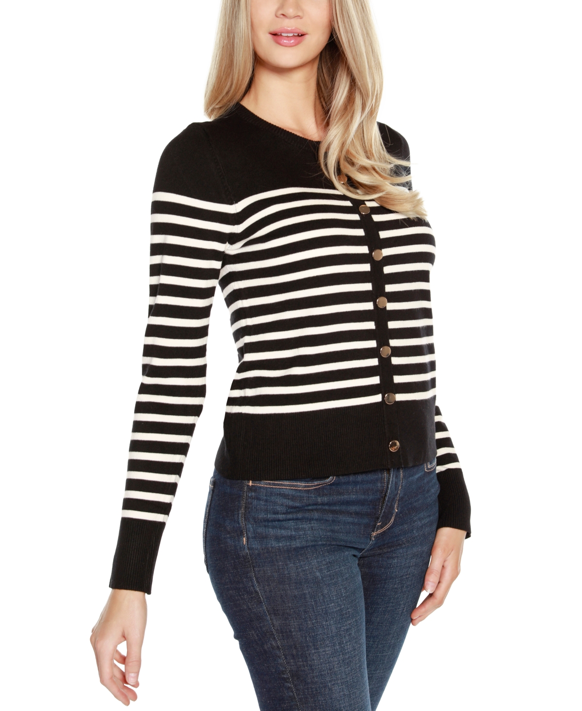 Belldini Women's Breton Stripe Cardigan Sweater