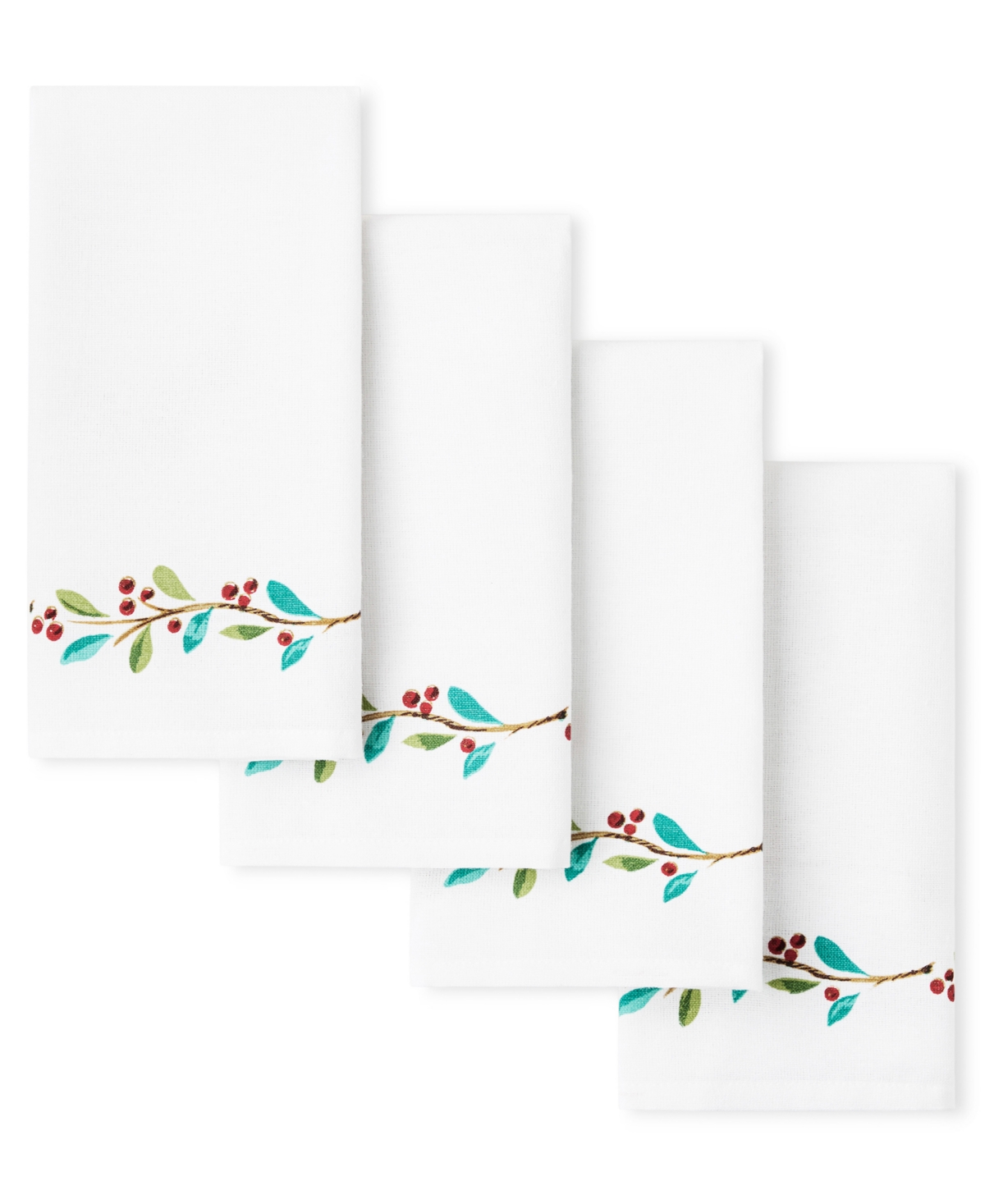Holly Sprig Holiday Border Napkin 19" x 19", Set of 4 - White/Red/Green