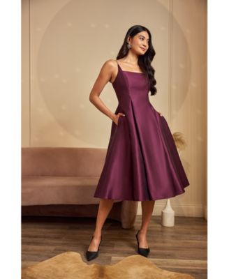 knee length dresses for ladies Black Sleeveless Mikado Fit And Flare Midi Dress With V-Back