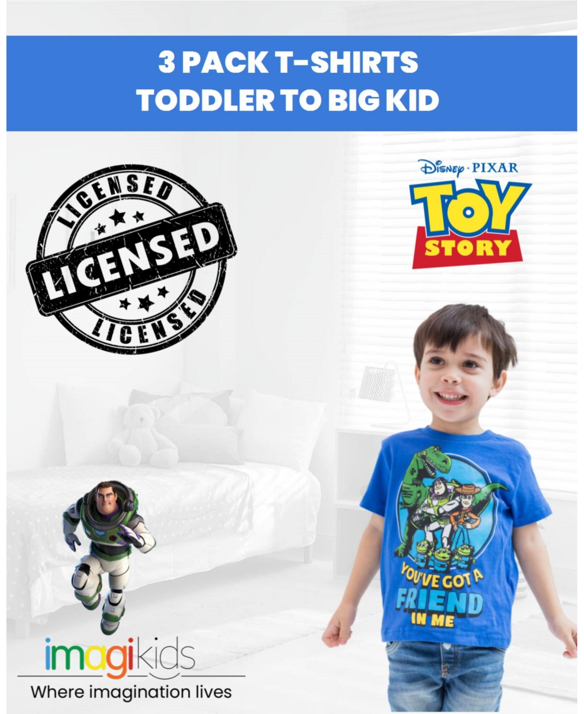 Disney Boys Pixar Toy Story Rex Buzz Lightyear Woody 3 Pack T-Shirts to