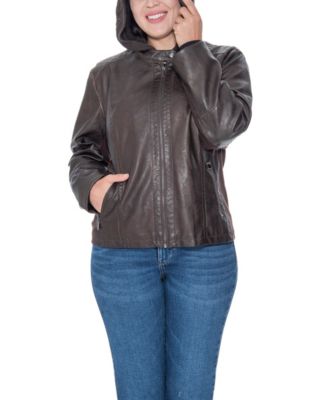 Plus Size Garment Dyed Faux Leather Zip Front Jacket With Detachable Sweater Knit Hood