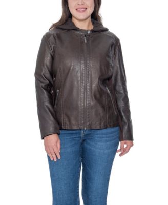 Plus Size Garment Dyed Faux Leather Zip Front Jacket With Detachable Sweater Knit Hood