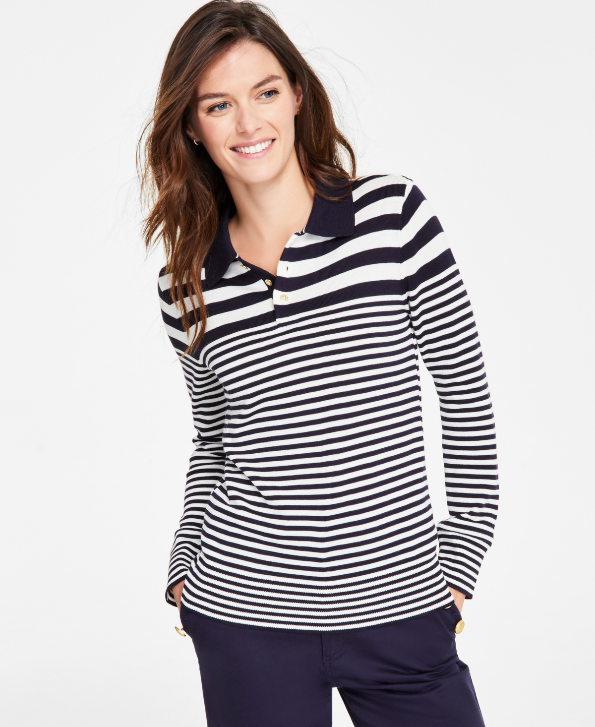 Nautica Jeans Women's Striped Long-Sleeve Polo Sweater -Ivory