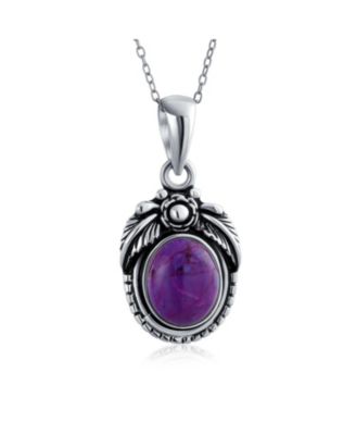 Southwest Purple Natural Turquoise Oval Leaf Feather Pendant Necklace Sterling Silver