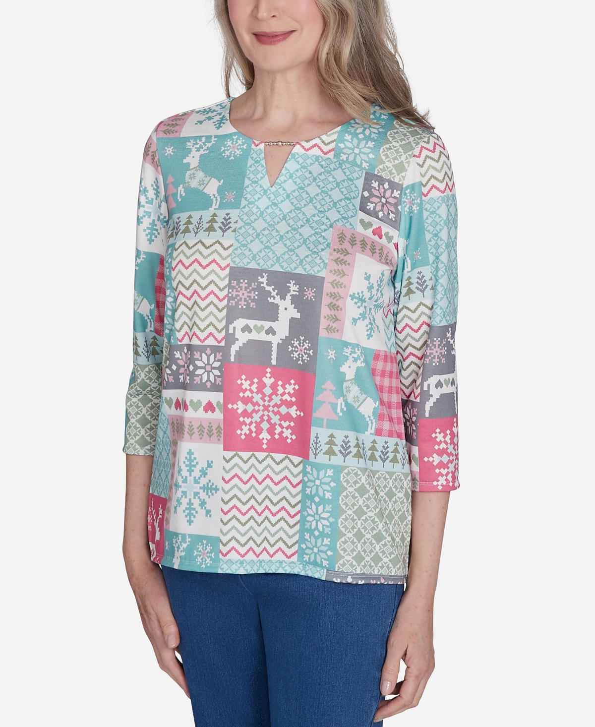 Alfred Dunner Petite Classics Reindeer Patch Work Top In Multi Green