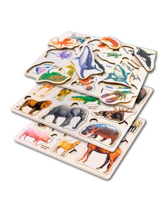 3xSET Wooden Montessori Puzzles for Toddlers 1-3 – Learning Realistic Animals
