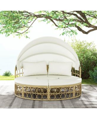 Outdoor Patio Round Daybed with Retractable Canopy Soft Cushions for Garden