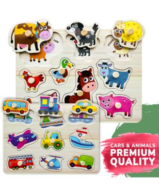 6X Wooden Puzzles for Toddlers 1-3 with Rack - Alphabet, Numbers, Animals