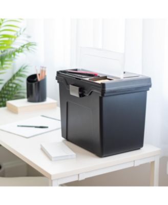 Portable Letter Size File Box with Built-In Organizer Lid and Handle for Hanging Folders, Large, Black